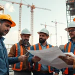 Construction association workers engaging on-site, showcasing teamwork and tools in action.