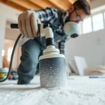 Man applying hand removal spray foam for effective insulation in a home