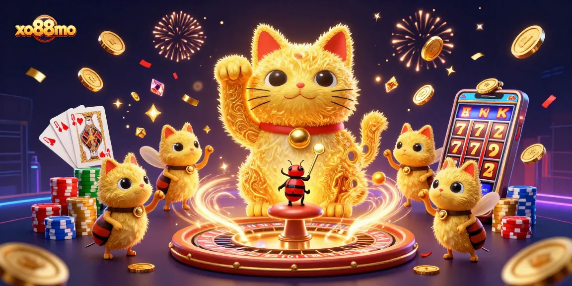Play exciting games at xo88mo with golden fireflies, lucky cats, and casino symbols. Join now!