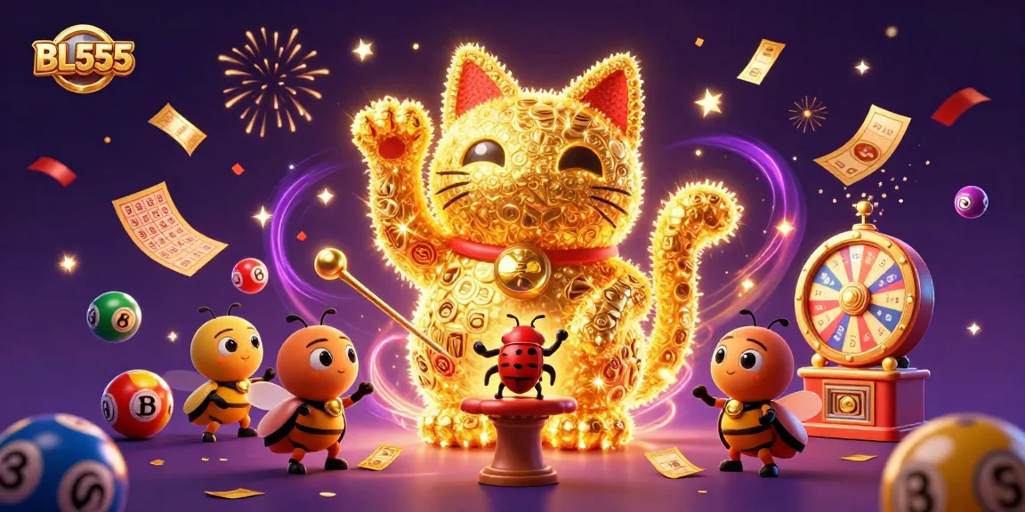 BL555 brings excitement with a giant lucky cat surrounded by vibrant casino elements in a dynamic scene.