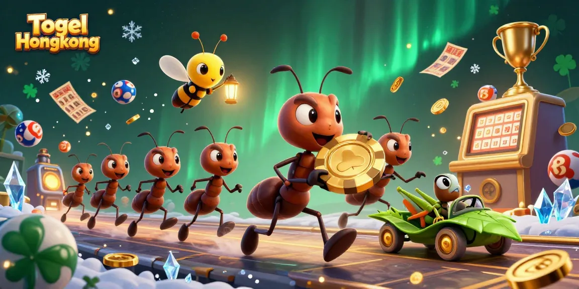 Togel Hongkong lottery game illustration featuring ants with a poker chip and dynamic lottery elements.