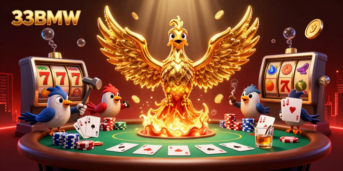 Experience thrilling gaming at 33BMW with a vibrant scene featuring a golden phoenix surrounded by rich casino elements.