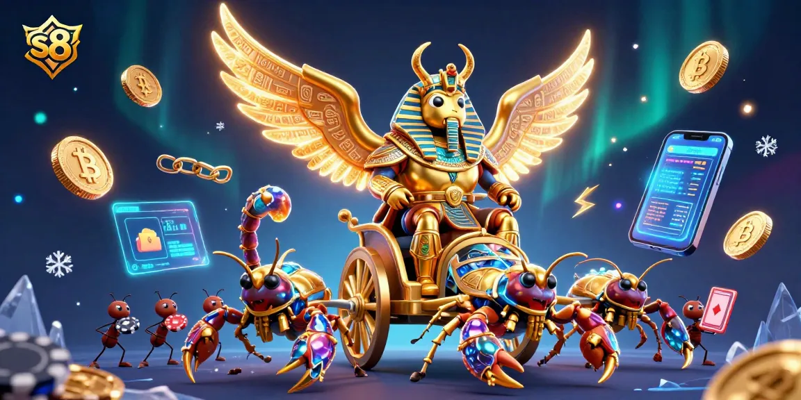 Engage with the thrilling s8 casino experience featuring a massive golden scarab and dazzling crypto elements.