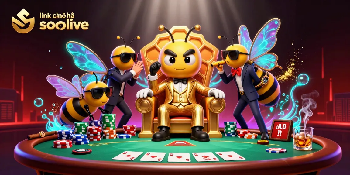 Experience link chính thức socolive as a cartoon bumblebee mob boss presides over a vibrant gambling scene filled with poker action.