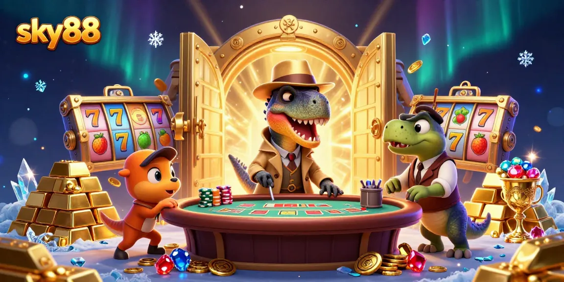 Watch the velociraptor at the blackjack table in sky88, surrounded by slot reels and gems.
