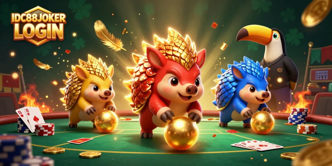 Engage in thrilling IDC88JOKER LOGIN matches with animated rival pangolins and poker elements.
