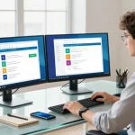 Download WPS Office in a modern home office setup with dual monitors and bright natural light.