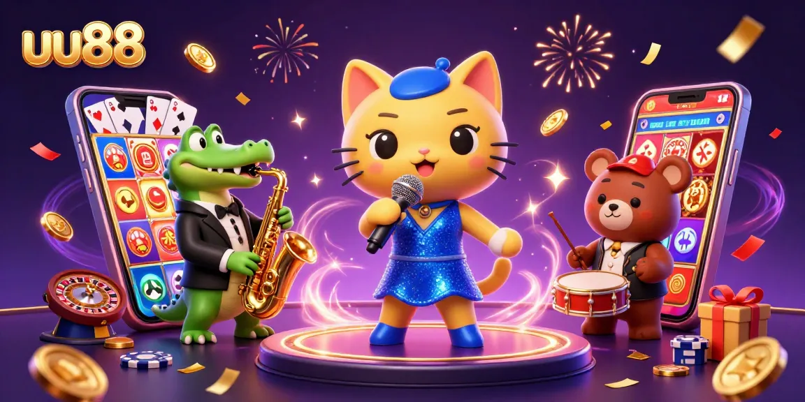 uu88 brightens the casino scene with a jazzy cat, crocodile, and bear, illustrating vibrant online gaming fun.