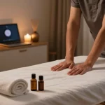 출장마사지 therapist preparing a calming home environment with soft lighting and oils.